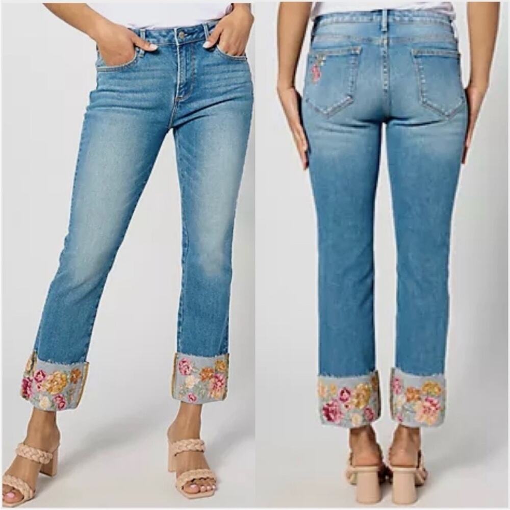 EUC Driftwood Colette floral embroidered cuffed jeans in Portofino wash